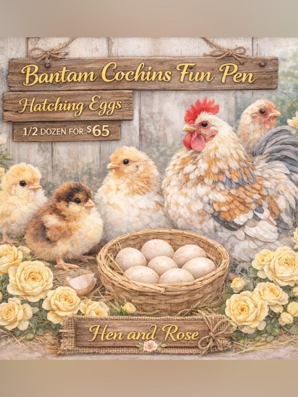Hen and Rose Bantam Cochins- Hatching eggs
